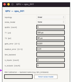 Component configuration dialog for a QPU showing qubits, coherence times and error rates